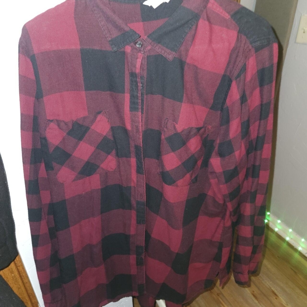 Women's Checkered Button Down Shirt - Burgundy and Black